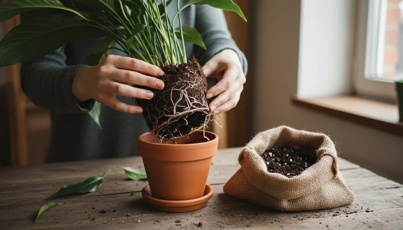 Close-up of hands crumbling compacted soil from a peace lily's roots, preparing for new potting mix on a wooden table.