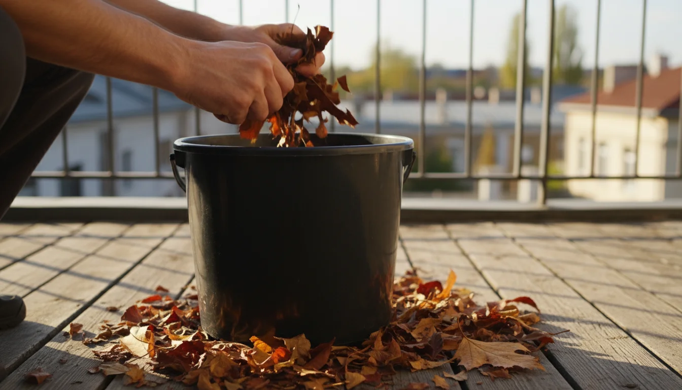 Hands crumbling dried autumn leaves into a bucket on a sunlit urban balcony, preparing them for mulch.