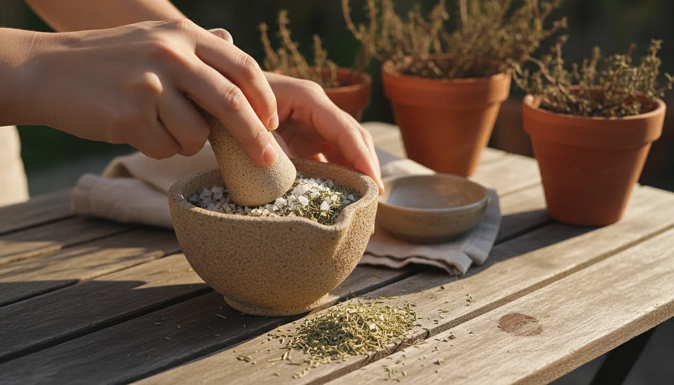 Hands gently crush dried rosemary, thyme, and sea salt in a ceramic mortar and pestle on a rustic wooden table.