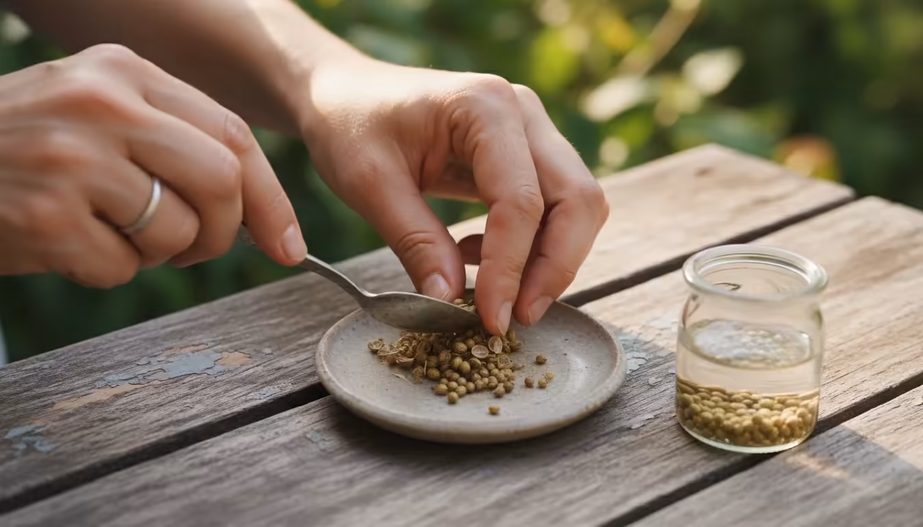 Close-up of hands crushing cilantro seed husks with a spoon on a wooden table, with a jar of soaking seeds and a pot of soil nearby.