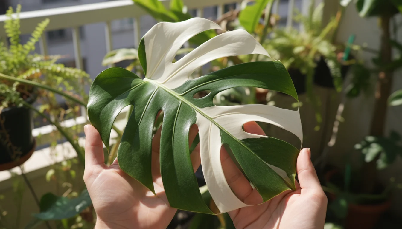 Hands gently cup a large, dramatically variegated and fenestrated Monstera 'Albo Variegata' leaf on a balcony, showing white and green patterns.