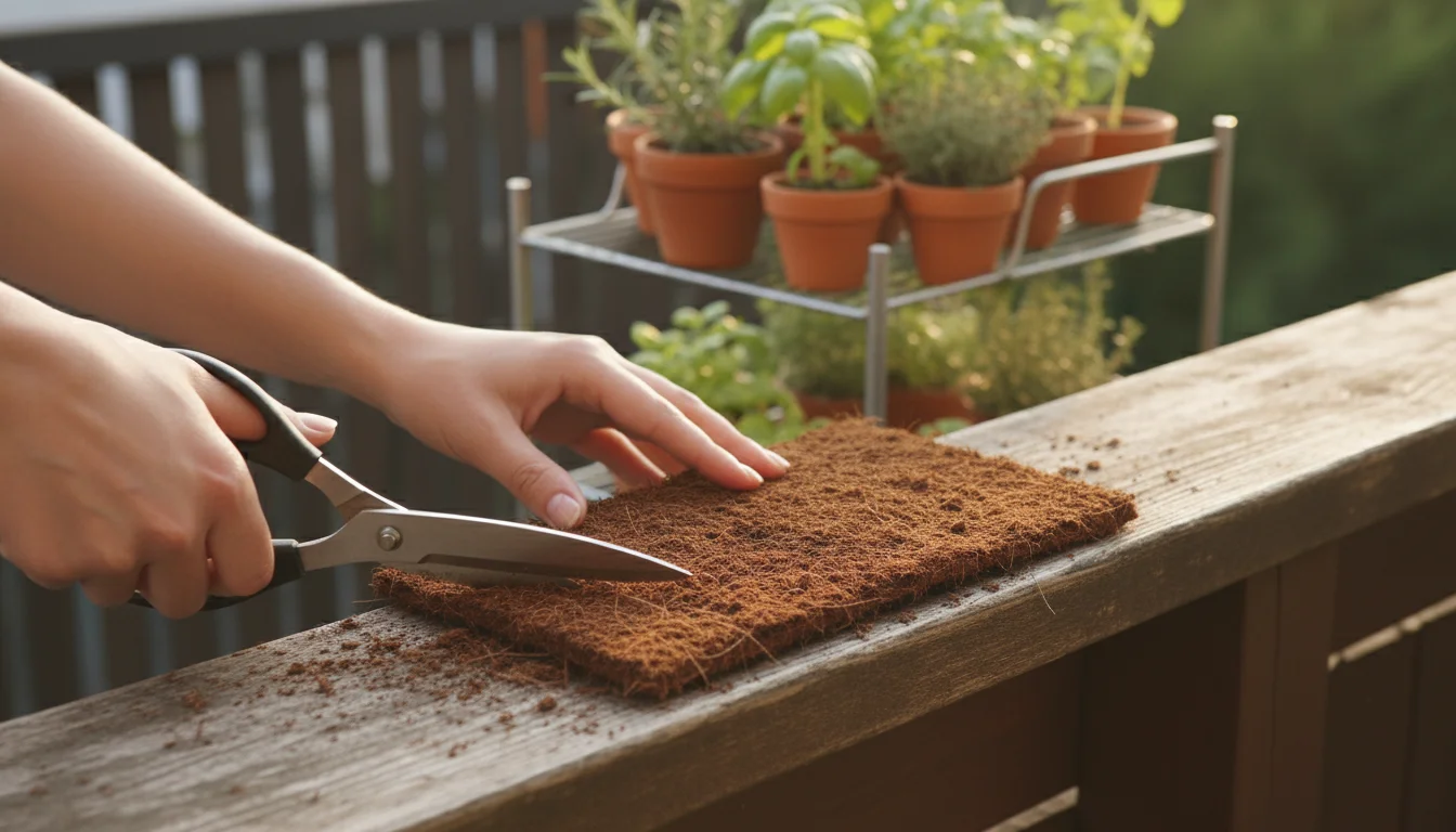 Hands carefully cutting a fibrous coco coir mat on a weathered wooden railing, with blurred potted herbs in the background.