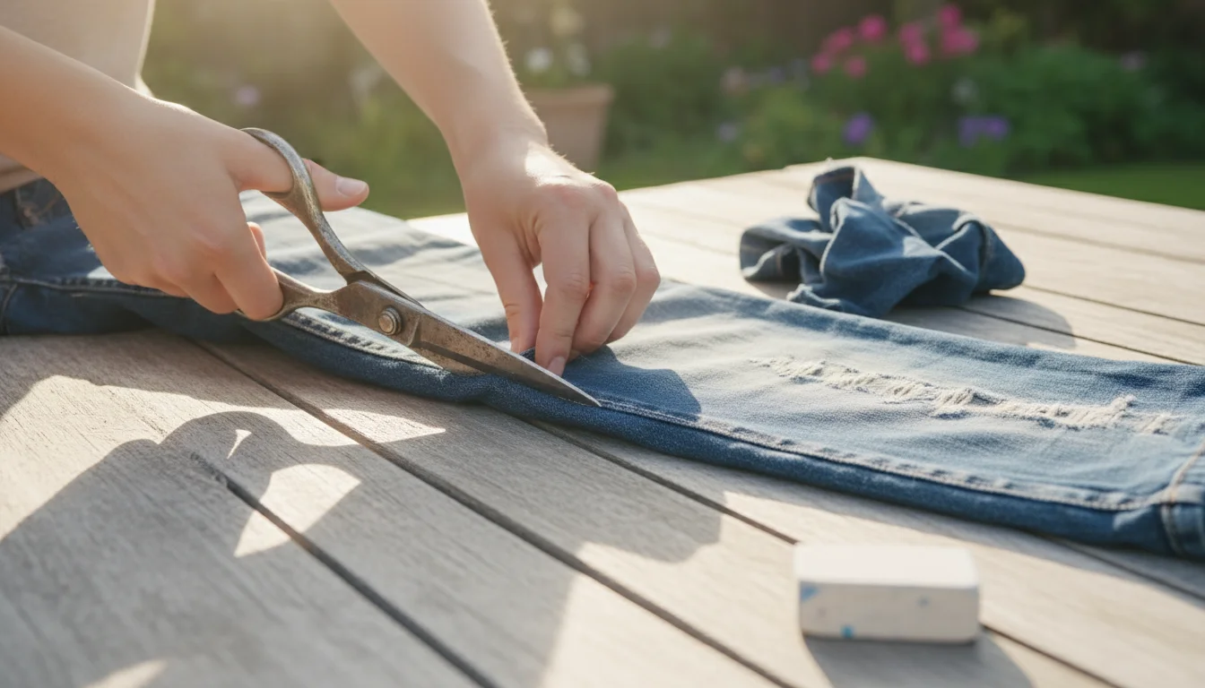 Hands cutting old denim jeans on a wooden patio table to make grow bags, with finished denim bags holding herbs in the blurred background.
