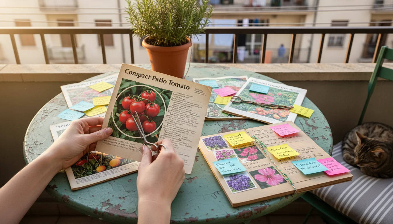 Overhead view of hands cutting a plant photo from a seed catalog. Open catalogs and a notebook with pasted images are on a wooden table.