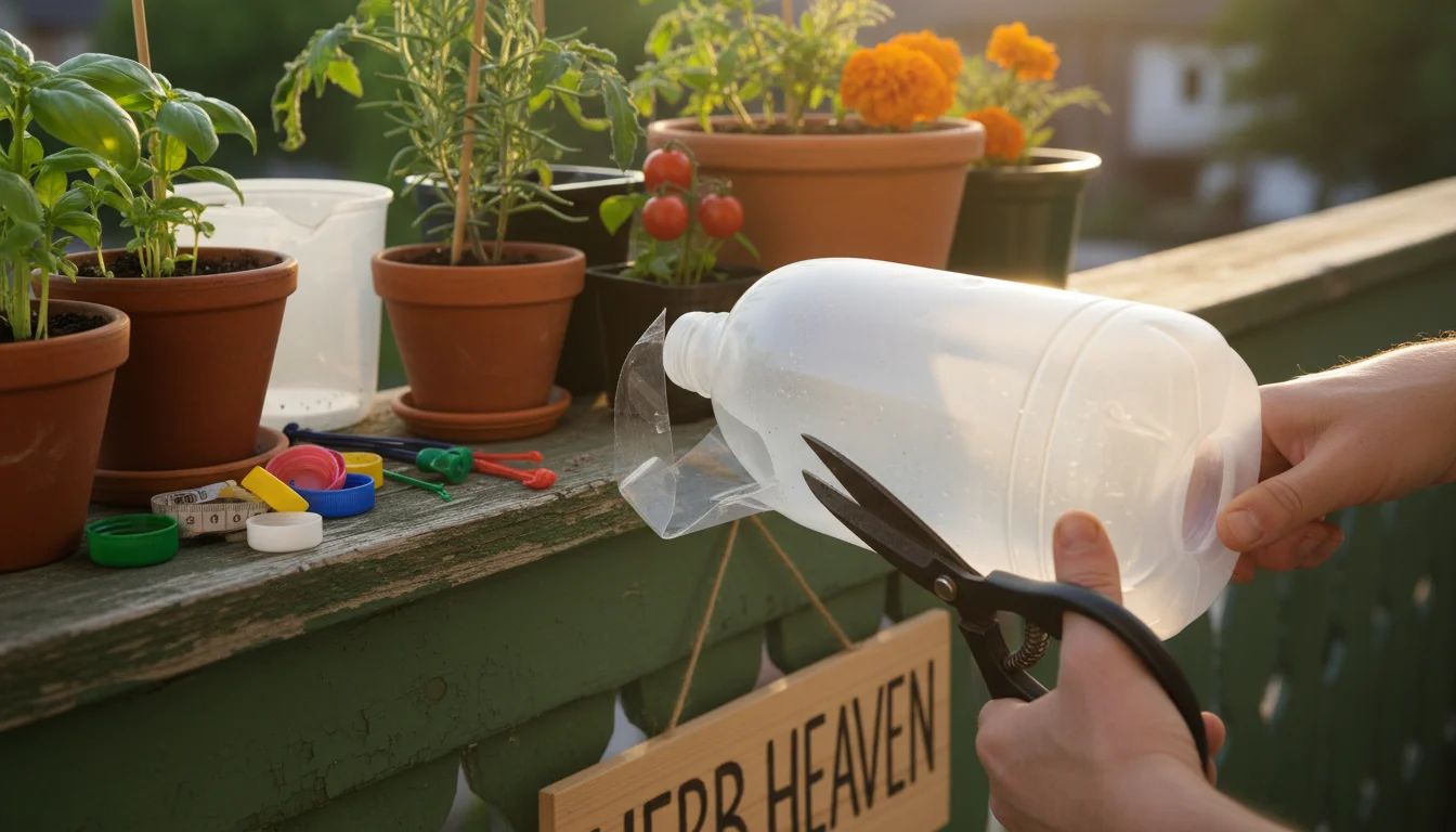 Hands cutting a plastic milk jug into a garden scoop on a balcony, surrounded by container plants and other DIY gardening tools.