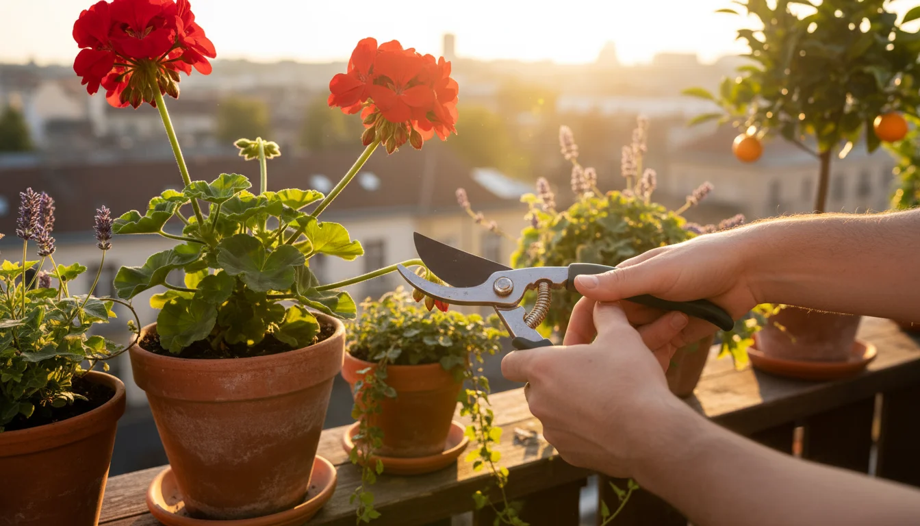 Hands cutting a stem from a red geranium plant in a terracotta pot on a balcony.