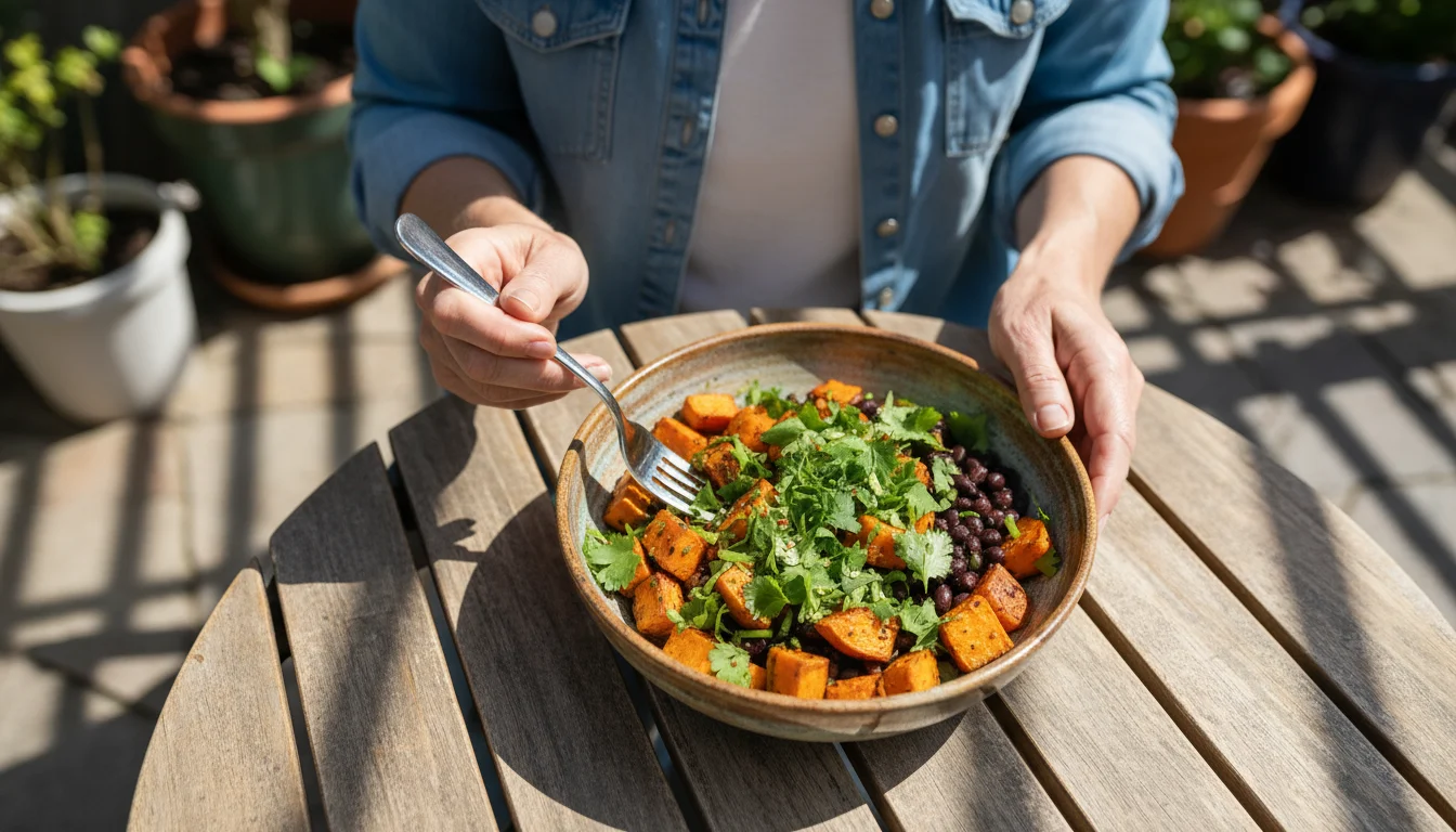 Hands cutting into a vibrant sweet potato bowl on a rustic patio table, with blurred container plants in the background.