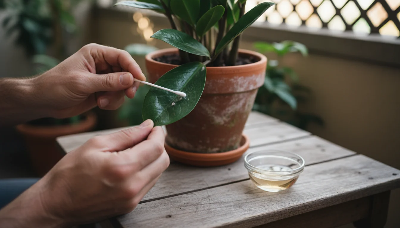 Hands carefully dabbing a plant leaf with a cotton swab soaked in rubbing alcohol on a shaded balcony.