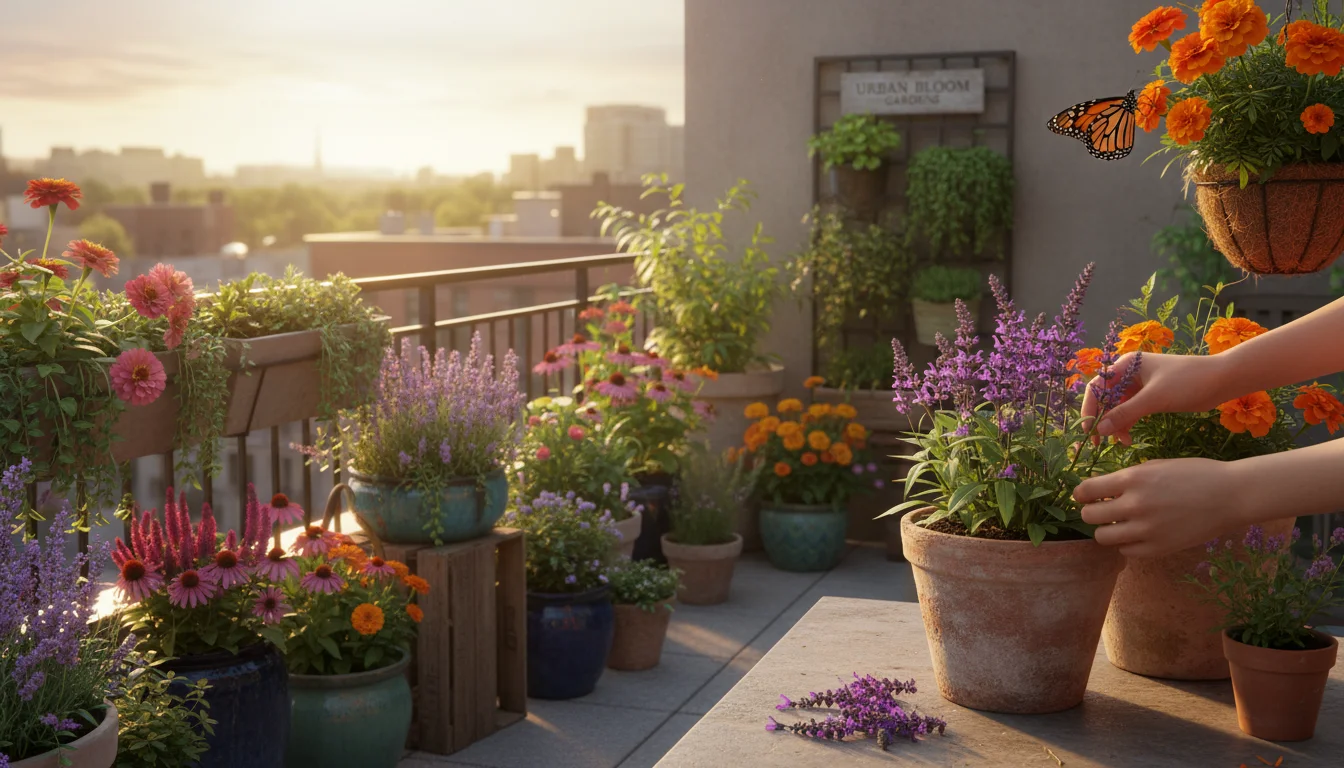 Hands deadheading purple salvia in a terracotta pot on a sunlit urban patio with other vibrant flowers and a monarch butterfly.