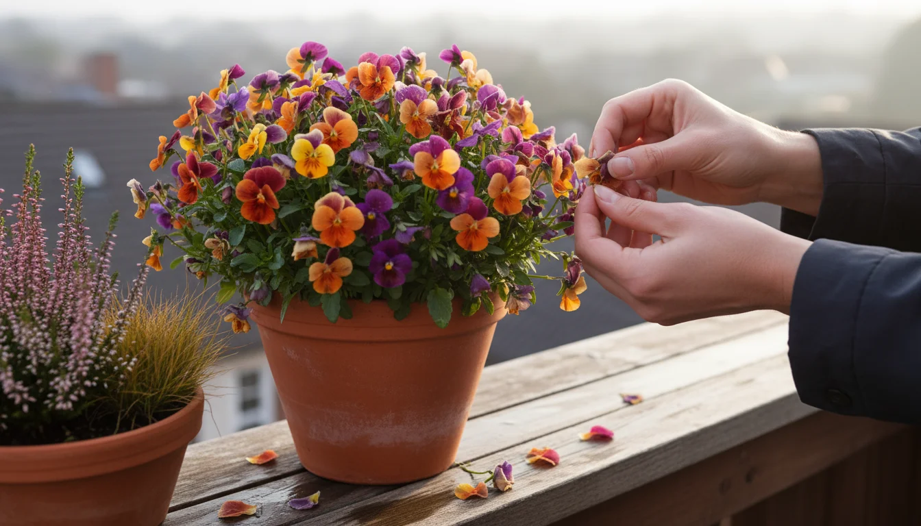 Hands gently deadheading a purple viola in a terracotta pot on a wooden balcony railing, surrounded by other small container plants.