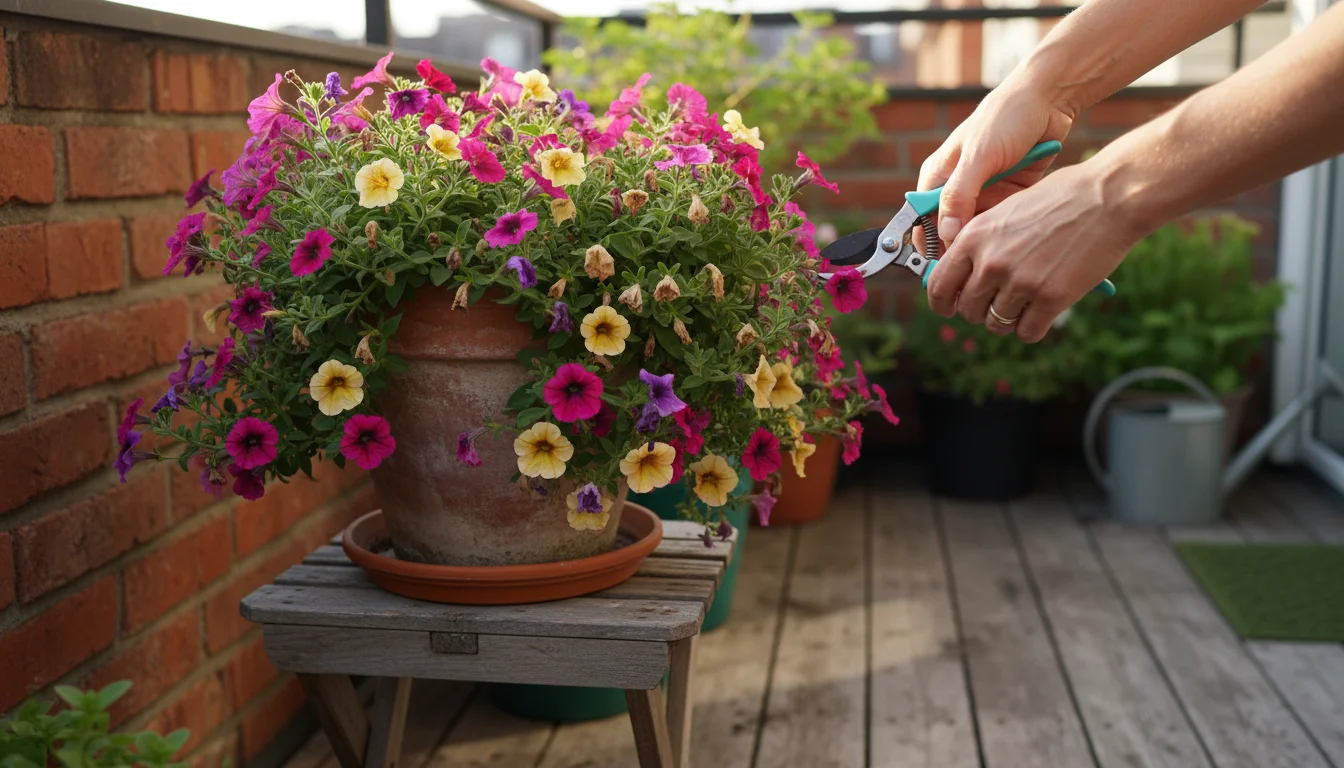 Hands gently deadheading a spent flower from a vibrant calibrachoa in a terracotta pot on a balcony, using small pruners.