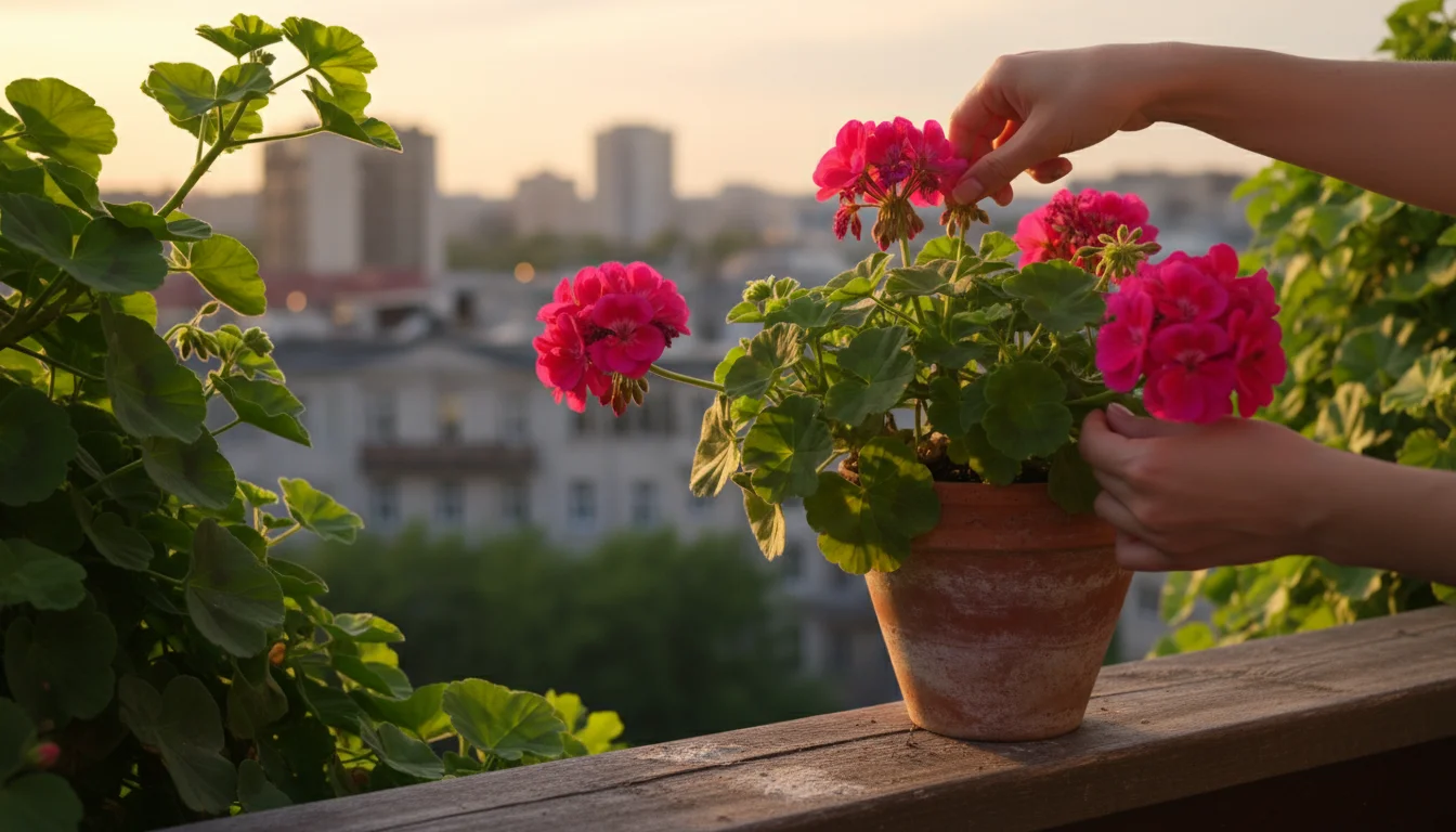 Hands gently deadheading a spent pink geranium bloom in a terracotta pot on a sunny balcony railing.