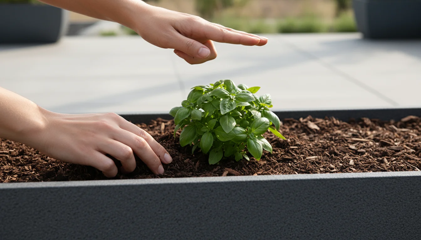 Close-up of hands demonstrating ideal mulch depth in a planter, clearly showing the important gap around a basil plant's stem.