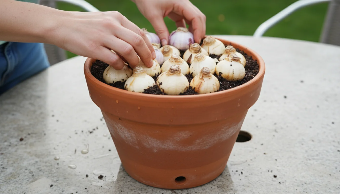 Hands densely arranging Paperwhite Narcissus and Hyacinth bulbs in an 8-inch terracotta pot on a patio table.