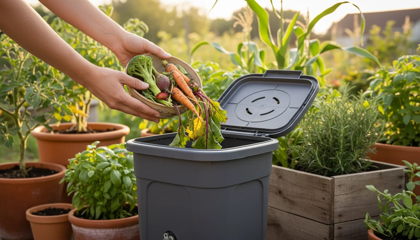 Hands deposit vegetable scraps from a bowl into a small compost bin on a patio, surrounded by potted plants.