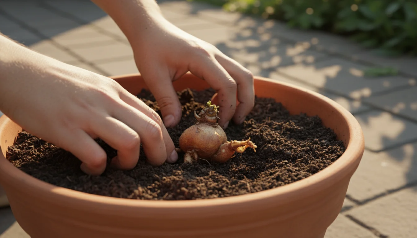 Close-up of hands gently digging a dahlia tuber from a terracotta pot on a patio, revealing its structure.