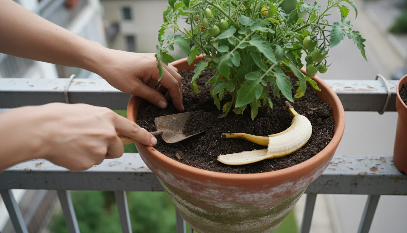 Close-up of hands digging a trench around a cherry tomato plant in a terracotta pot, with a chopped banana peel nearby.