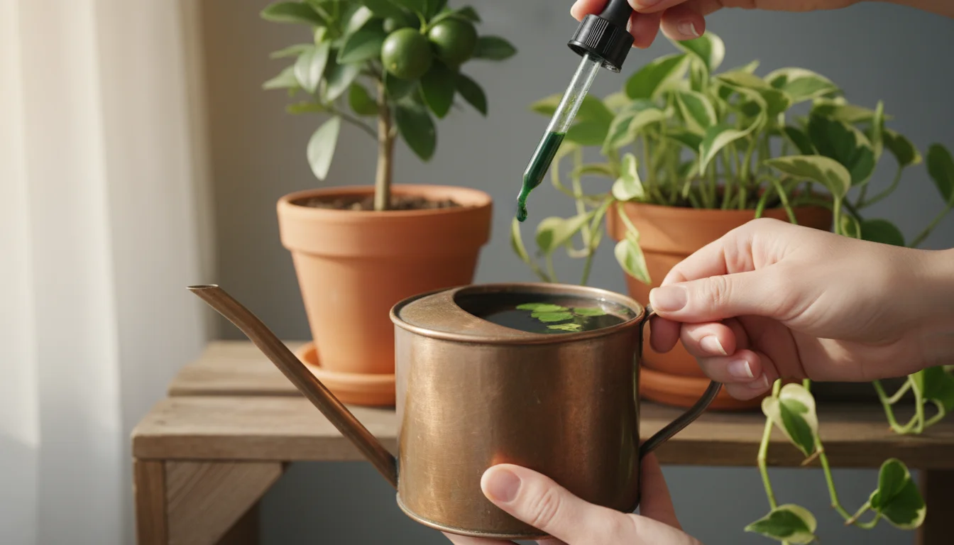 Hands carefully dilute liquid plant fertilizer with a dropper into a small watering can, with lush plants under a grow light in the background.