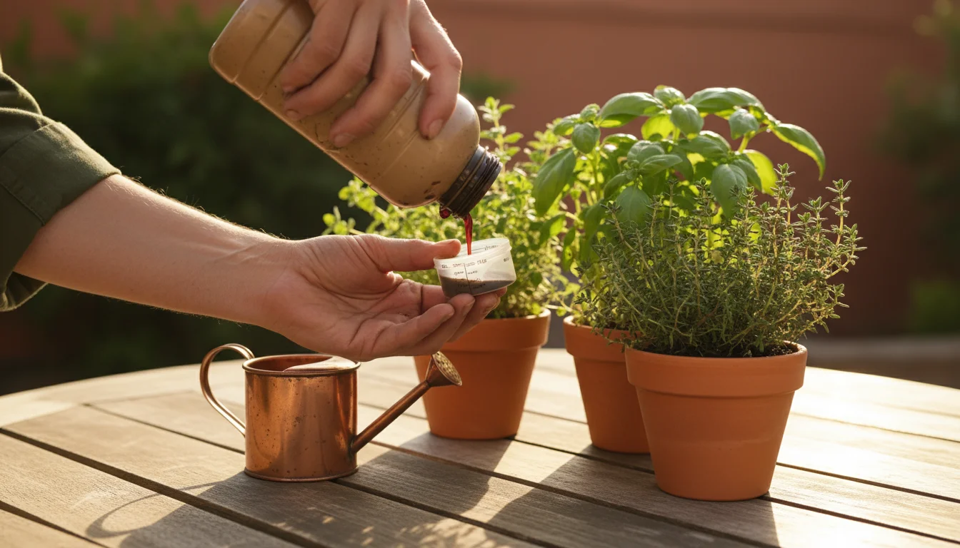 Hands dilute organic liquid fertilizer into a measuring cap next to a small copper watering can and a container of herbs on a patio table.