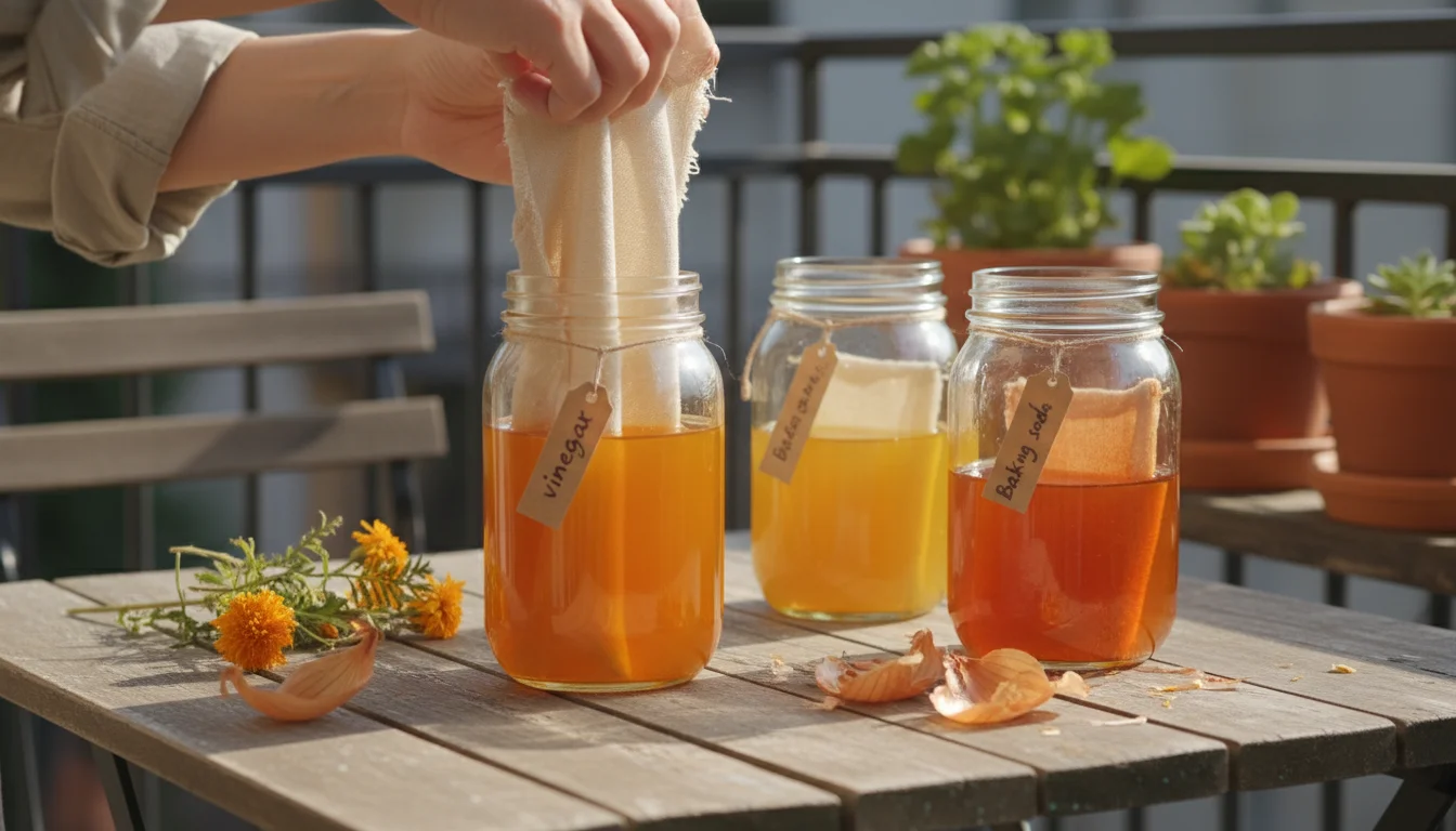 Hands dip a fabric swatch into a marigold dye bath. Nearby, two labeled jars show subtly different dye colors with swatches, illustrating pH changes o
