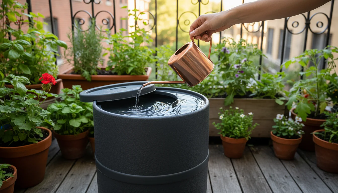 Hands dipping a small copper watering can into a compact, dark gray rain barrel on an urban patio, surrounded by lush container plants.