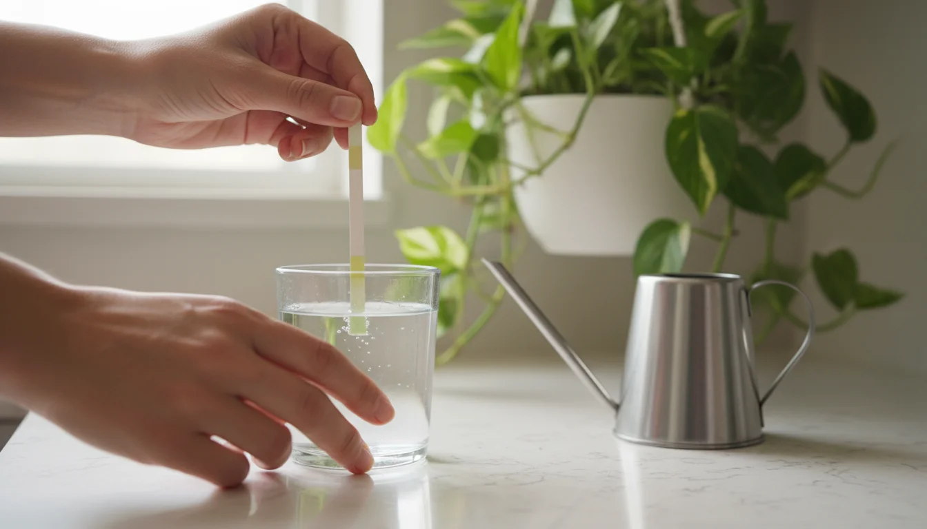 Hands dipping a pH test strip into a glass of water on a kitchen counter next to a watering can and a blurred houseplant.