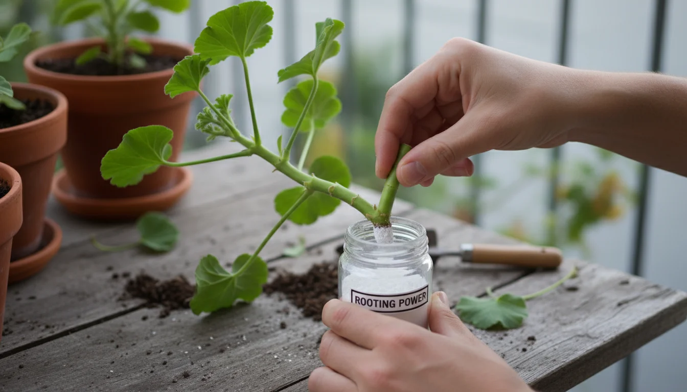 Hands dipping a vibrant geranium cutting into a small jar of white rooting hormone powder on a wooden table.