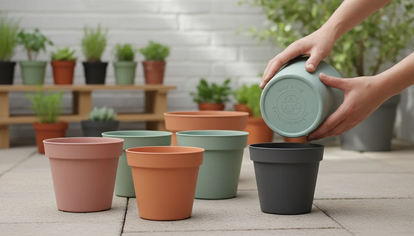Hands with dirt-smudged fingers inspecting a label on a new recycled plastic pot on an urban patio.