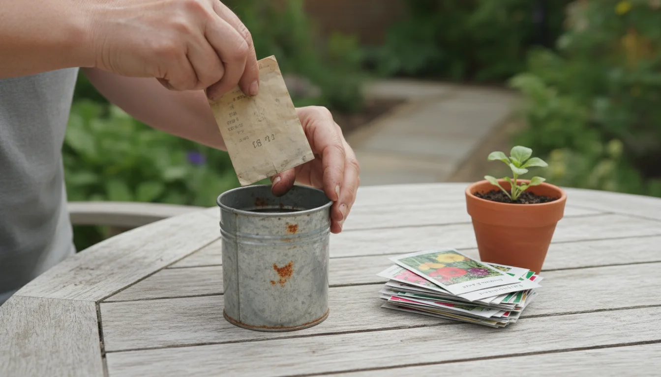 Hands discarding an old seed packet into a small metal bin on a wooden table, with neat seed packets and a potted plant nearby.