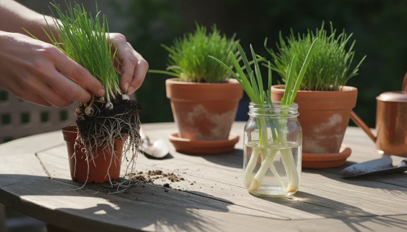 Hands dividing a grocery store chive plant on a patio table, with regrowing green onion bottoms and repotted chives.