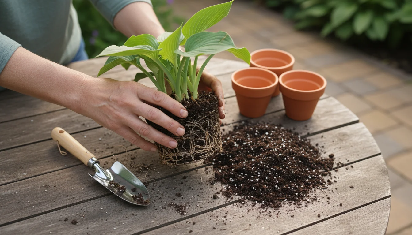 Hands gently dividing a perennial plant on a weathered patio table, surrounded by small empty terracotta pots and a trowel, under soft sunlight.