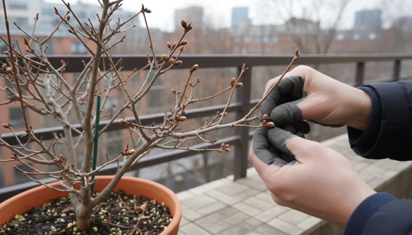Close-up of hands examining dormant winter branches on a potted shrub, highlighting plump flower buds.