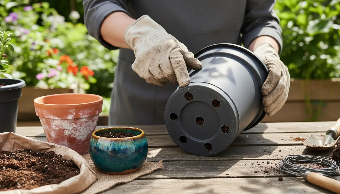 Hands examining the drainage of a lightweight grey planter, next to a terracotta pot, a glazed pot, and an open bag of potting mix.