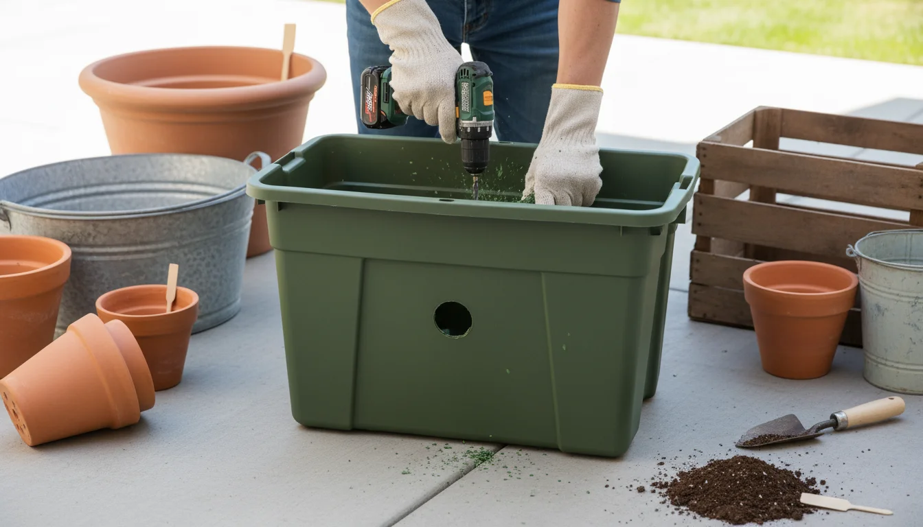 Hands drill holes in a plastic storage bin on a patio, surrounded by items like a wooden crate and metal tin for repurposing into planters.