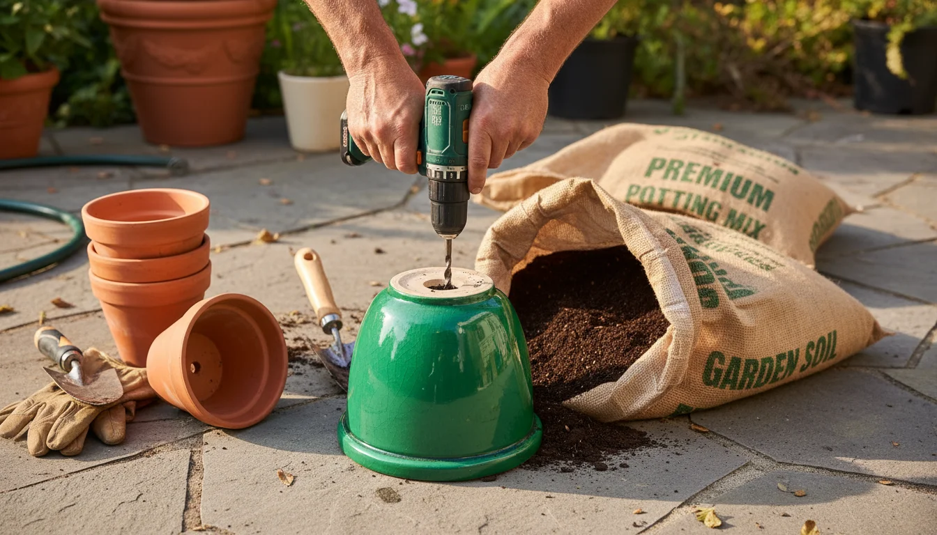Hands with a drill preparing to make drainage holes in a ceramic pot, alongside bags of potting mix and garden soil.