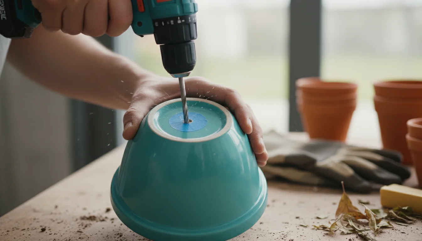 Close-up of hands drilling a drainage hole into the bottom of an empty, glazed ceramic pot on an outdoor workbench.