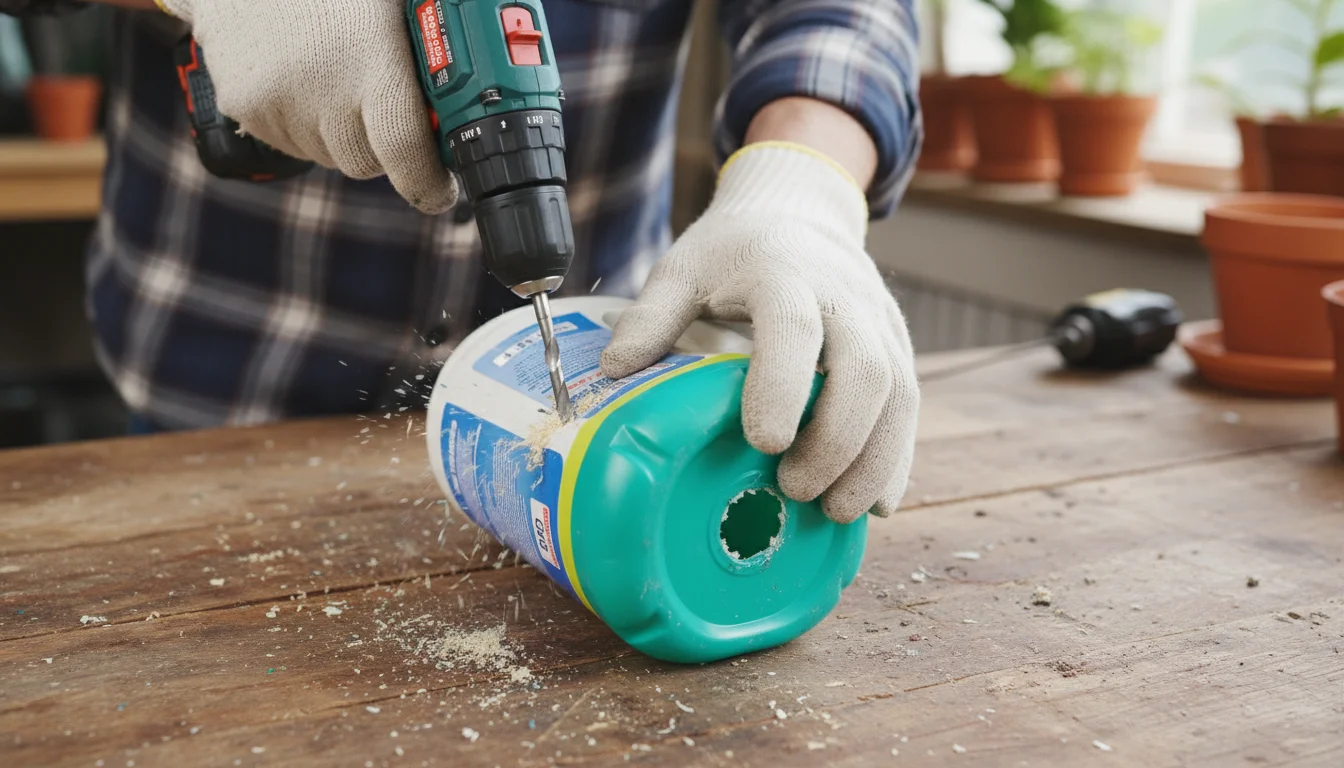 Close-up of hands drilling a drainage hole into a repurposed plastic container on a workbench, surrounded by other upcycled pots.