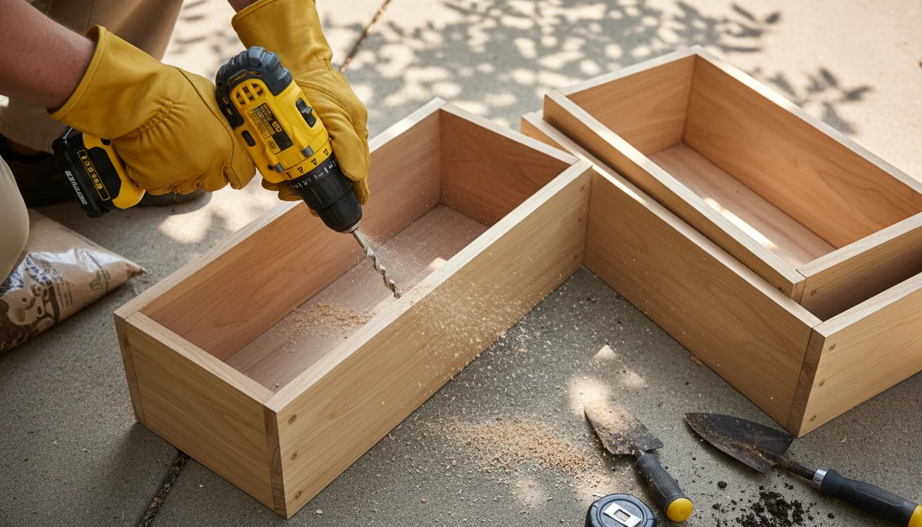Hands drilling drainage holes into the bottom of a wooden window box with a power drill on a patio.