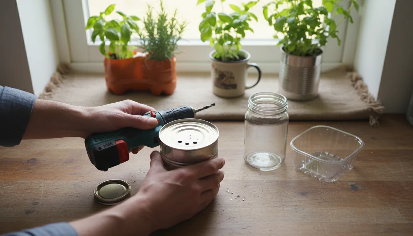 Hands drilling drainage holes into a coffee can on a kitchen counter, with other repurposed containers and herbs on a sunlit windowsill.