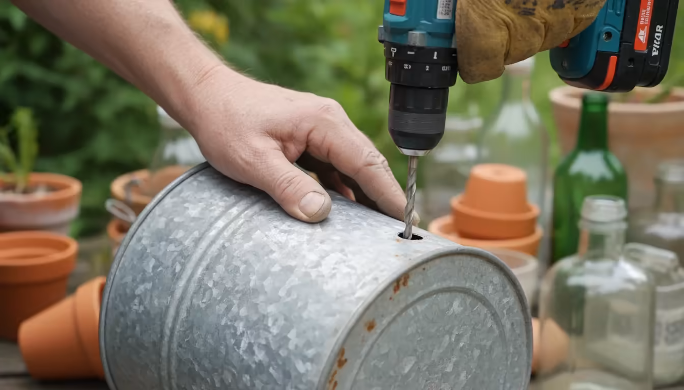Hands drilling drainage holes into an old galvanized metal bucket, repurposing it as a planter on a sunlit balcony.