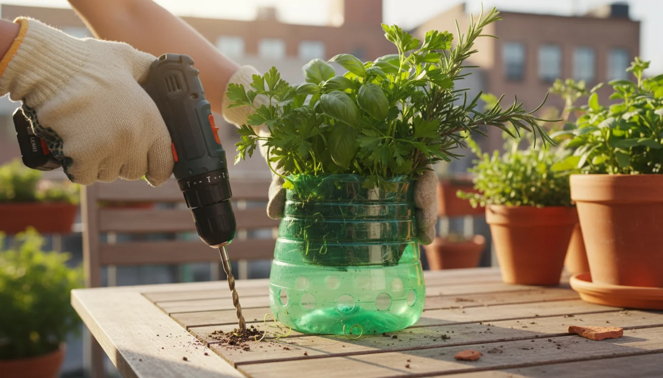 Hands drilling drainage holes into an upcycled green plastic bottle planter on a sunny patio, ensuring plant longevity.