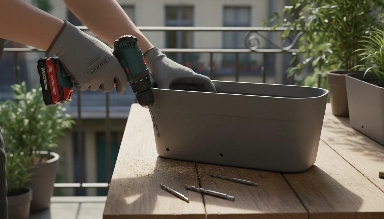 Close-up of hands drilling new drainage holes into a dark grey plastic container on a worn wooden surface, with a blurred tomato plant in background.