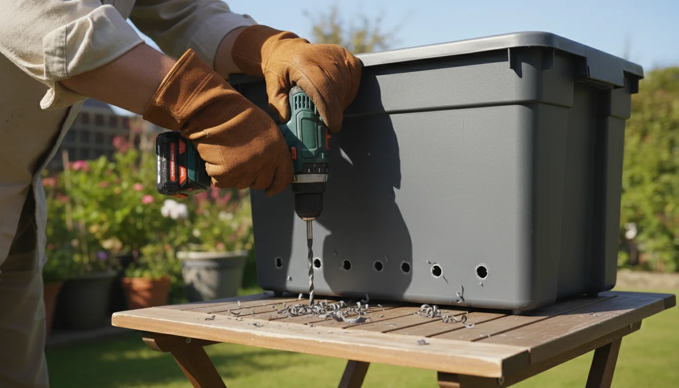 Close-up of hands drilling small drainage holes into the bottom of a dark grey plastic storage tote on a patio table for a worm bin.