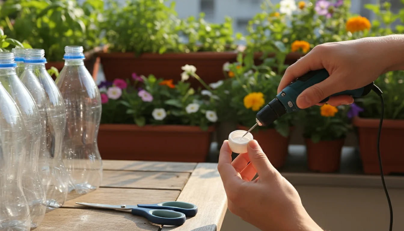 Close-up of hands drilling a small hole in a bottle cap on a balcony table, with plastic bottles and potted plants nearby.