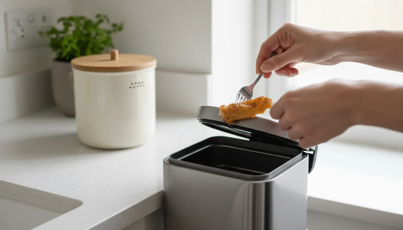 Hands drop cooked chicken skin into a waste bin, while a sealed countertop compost pail sits nearby, demonstrating proper food separation.