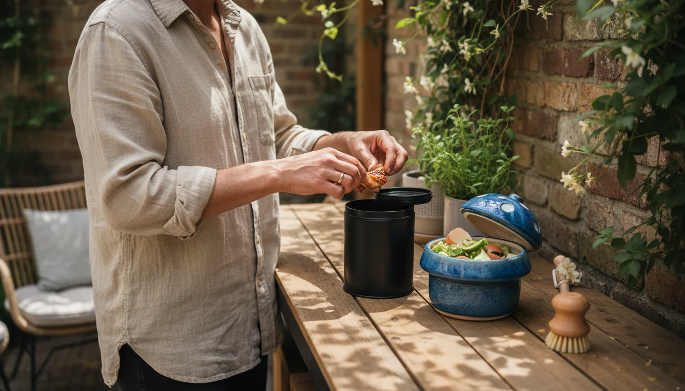 Hands dropping cooked meat into a small trash bin, next to a ceramic compost caddy filled with veggie scraps on a sunny patio counter.