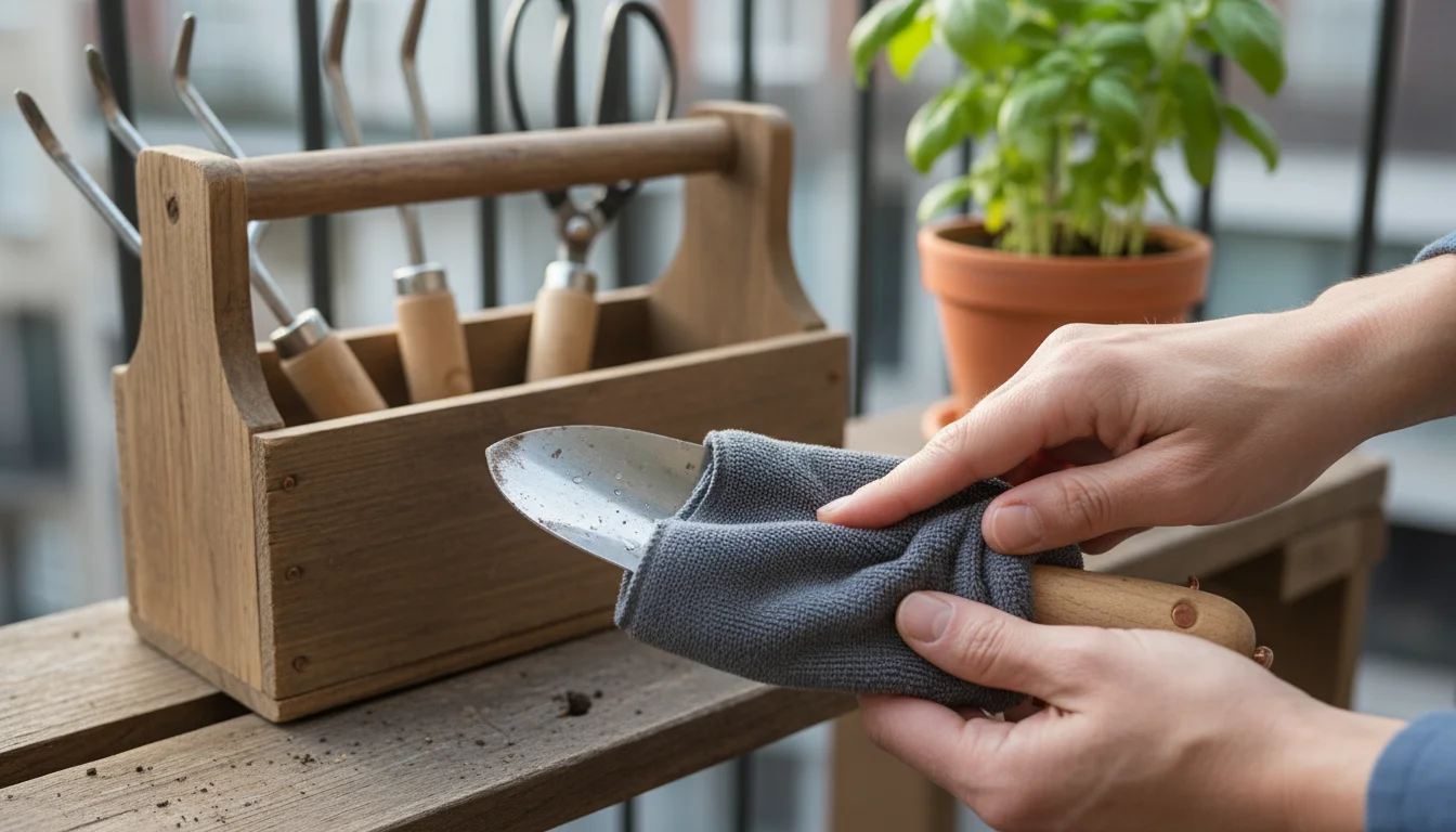Hands drying a small gardening trowel with a cloth, next to an organized wooden tool caddy and a potted herb on a balcony shelf.