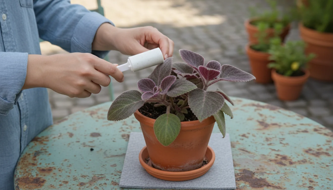 Hands gently dust a fuzzy purple-green velvet plant leaf with a lint roller on a small patio table.