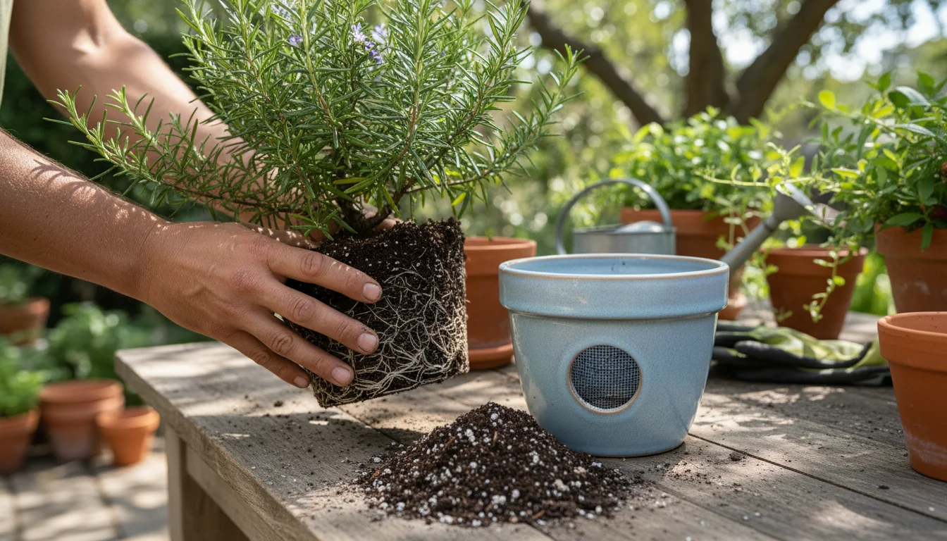 Hands gently ease a rosemary plant from its old pot, revealing roots. A new pot with a drainage screen and potting mix sit ready.
