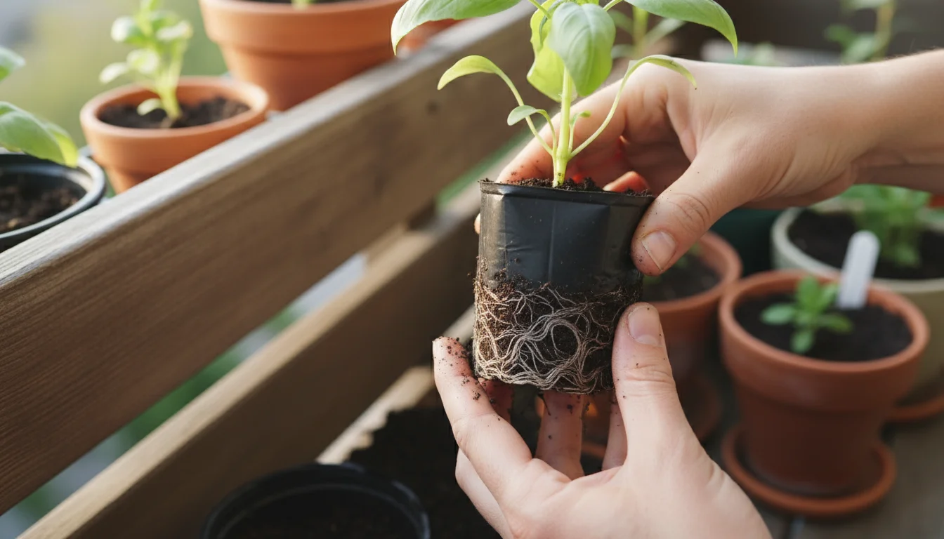Close-up of hands gently easing a small plant with a visible root ball out of a black nursery pot on a balcony.